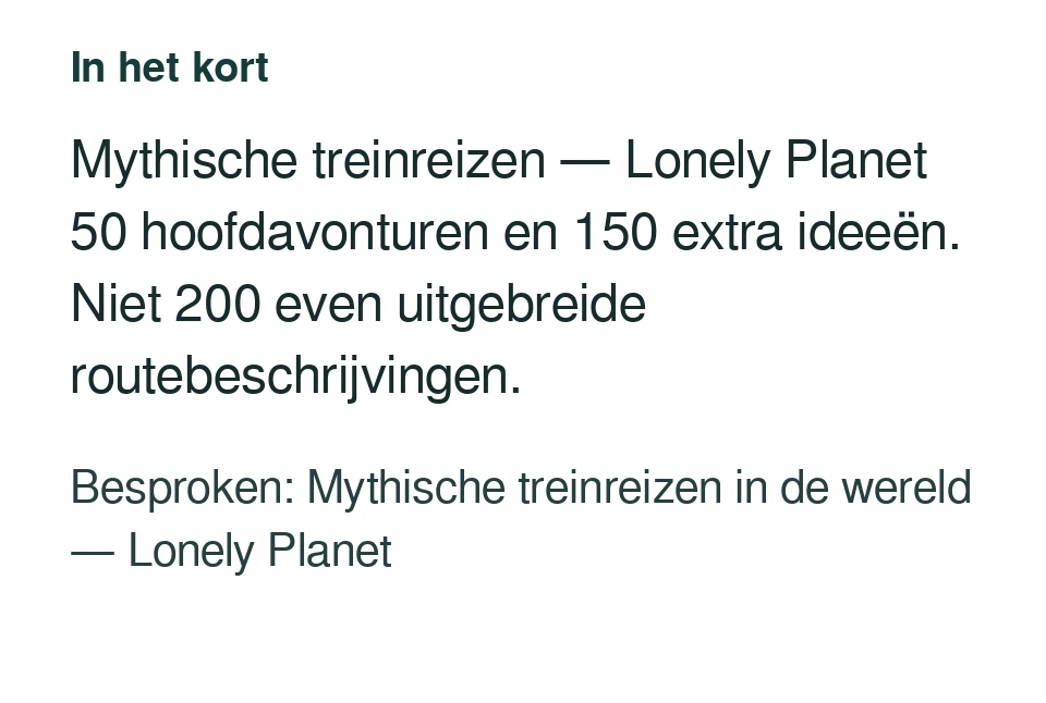 Mythische treinreizen — Lonely Planet 50 hoofdavonturen en 150 extra ideeën. Niet 200 even uitgebreide routebeschrijvingen. Besproken: Mythische treinreizen in de wereld — Lonely Planet.