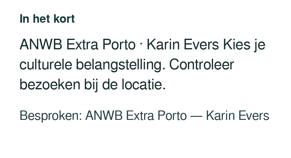 ANWB Extra Porto · Karin Evers Kies je culturele belangstelling. Controleer bezoeken bij de locatie. Besproken: ANWB Extra Porto — Karin Evers.