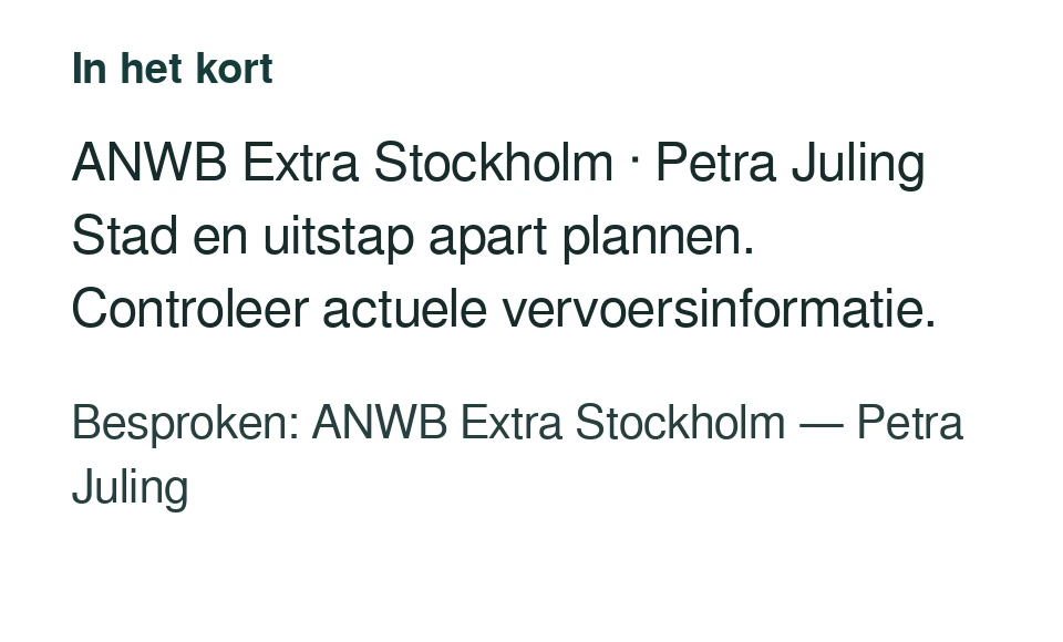 ANWB Extra Stockholm · Petra Juling Stad en uitstap apart plannen. Controleer actuele vervoersinformatie. Besproken: ANWB Extra Stockholm — Petra Juling.